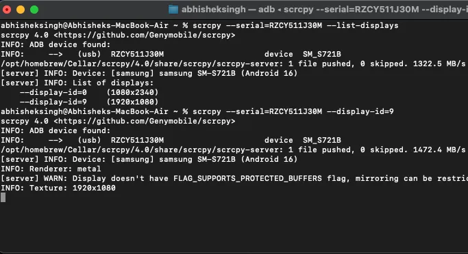 Commands to tap into the secondary display using scrpy