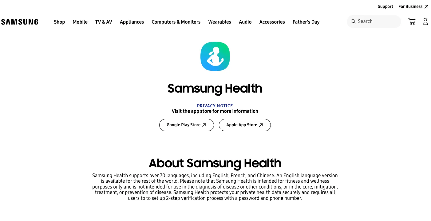 Samsung health not available on browser